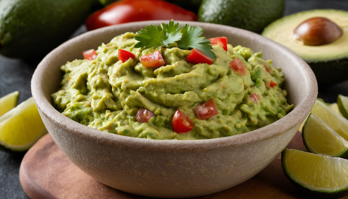 Freshly made guacamole in a bowl surrounded by tortilla chips.
